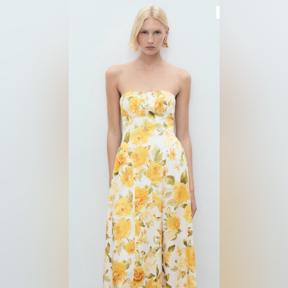 Mango Strapless Dress with Yellow Floral Design XS/2 garden party tea length